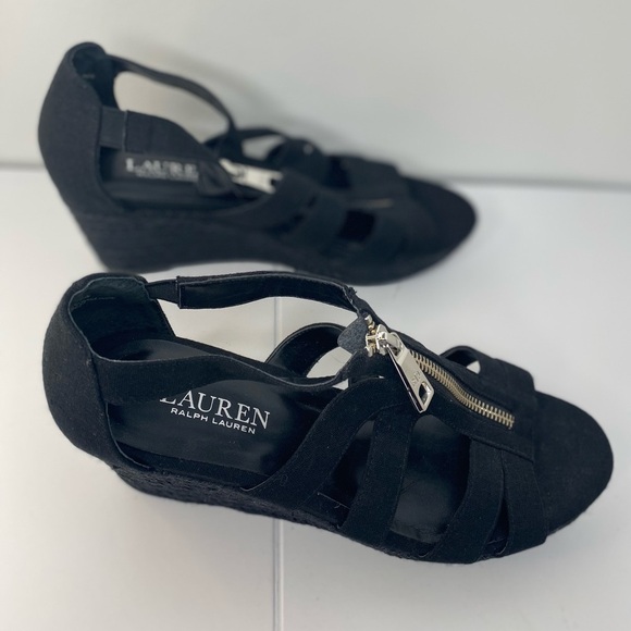 LAUREN RALPH LAUREN NWOT or Box Kelcie Chambray Fabric Sandal Wedges - Picture 3 of 7